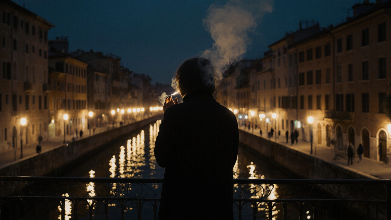 A solitary figure on a Milan balcony at dawn, cigarette smoke rising over glowing canal lights.