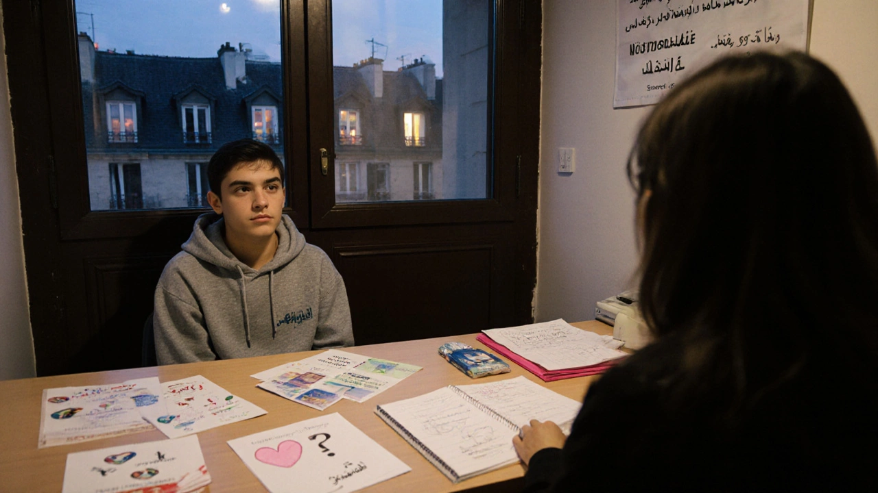 A teen receiving confidential counseling at a Paris sexual health center, with multilingual resources on the table.