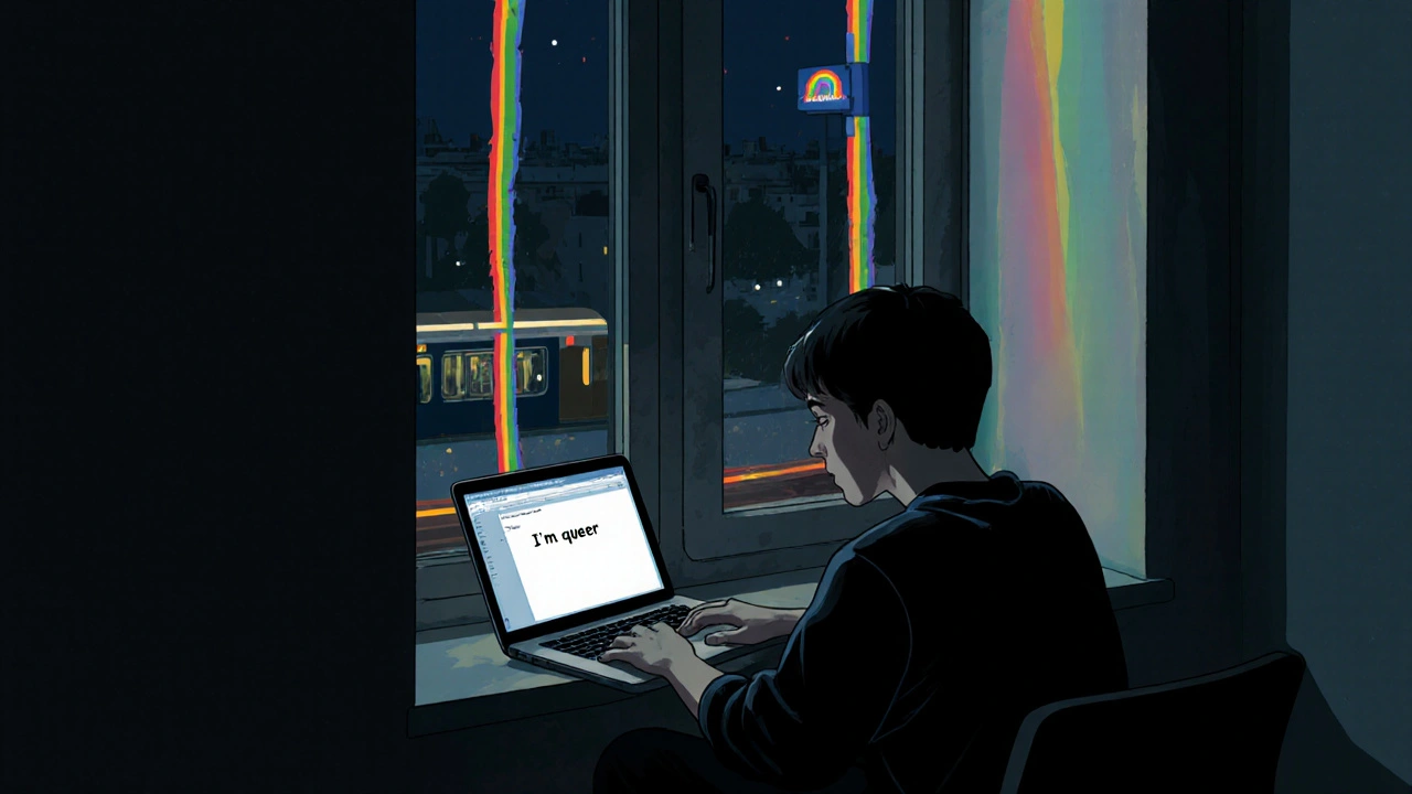 A teenager sits alone in a dim room, rainbow light glowing from outside.