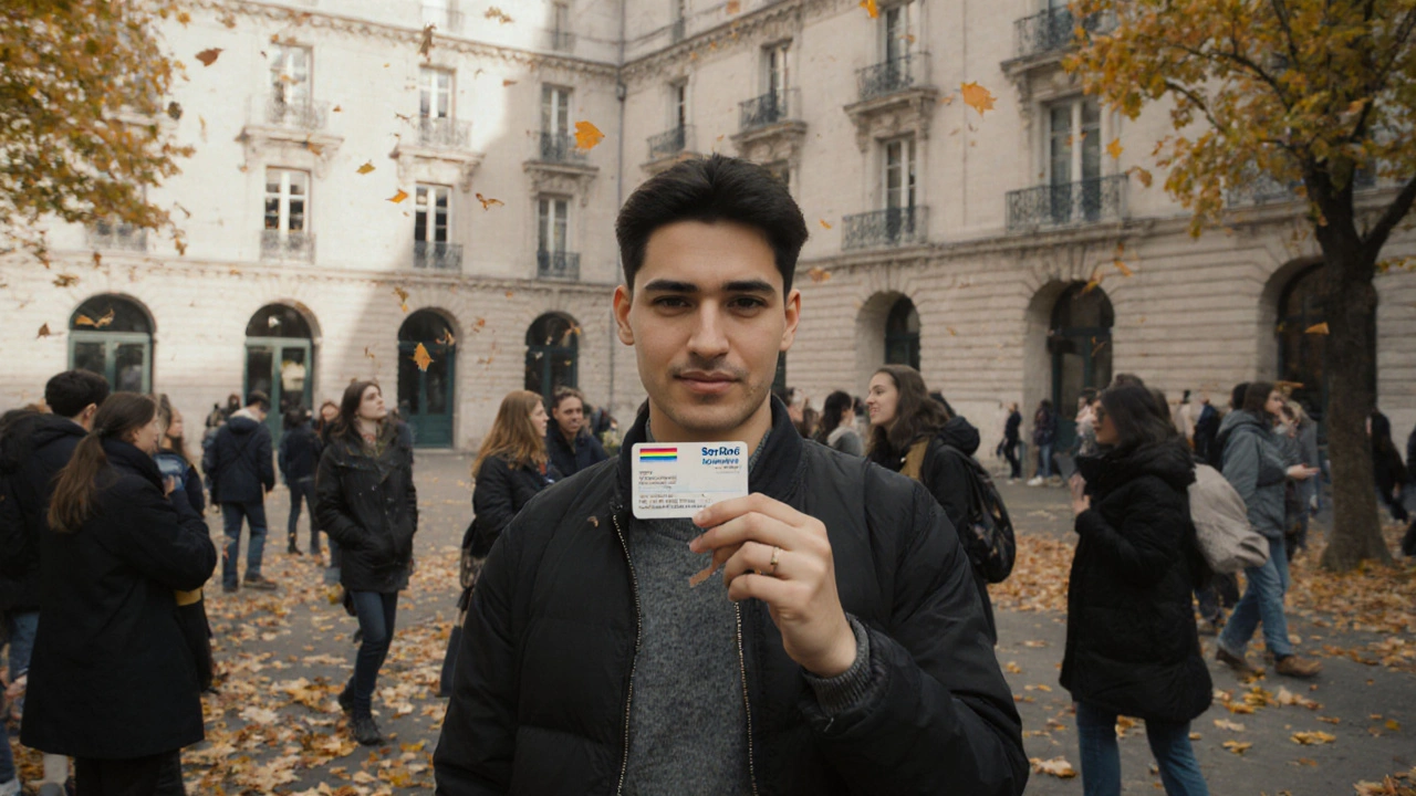 A transgender student holds their university ID in a courtyard, surrounded by peers under autumn trees.