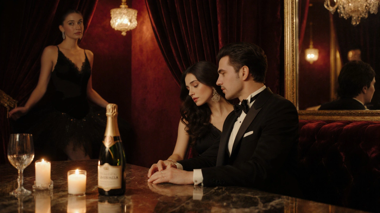 A VIP booth in a luxurious Milan club with velvet curtains, a woman and man locked in silent eye contact under candlelight.