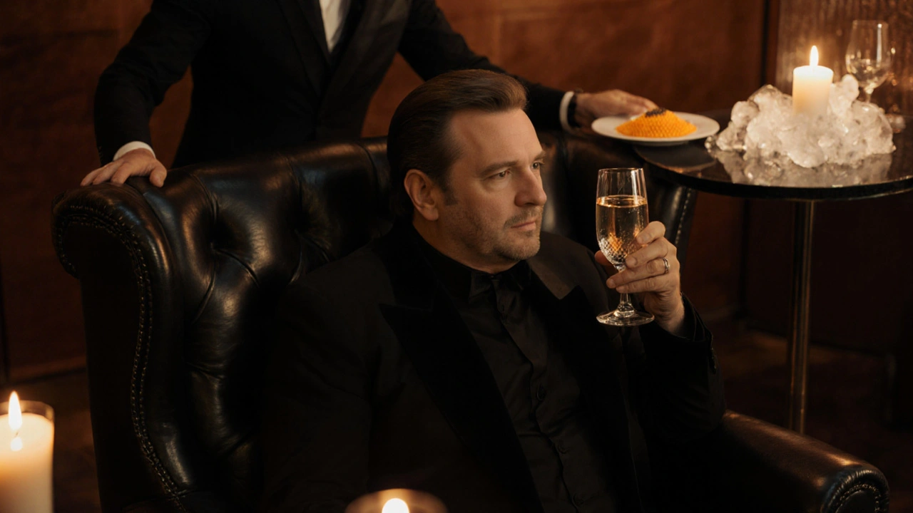 A wealthy man alone in a luxury backroom, gazing at champagne, caviar nearby, no phones visible.