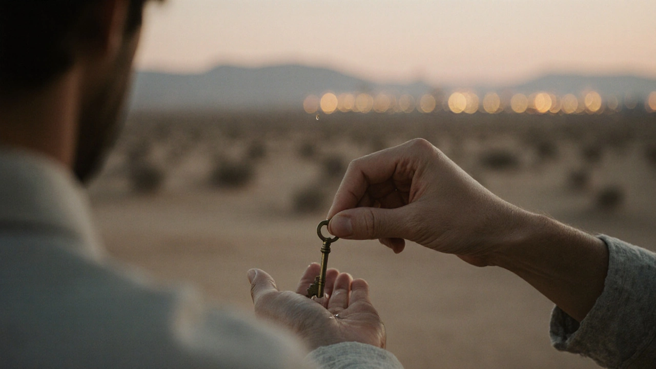 A woman&#039;s hand offering a brass key to a man, desert lights blurred in the background, intimate and tense moment.
