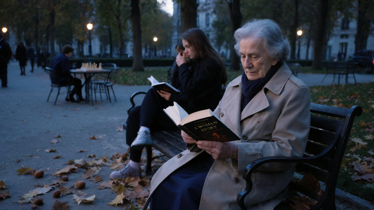 A woman reading Annie Ernaux in Luxembourg Gardens at twilight, with students and chess players in the background.