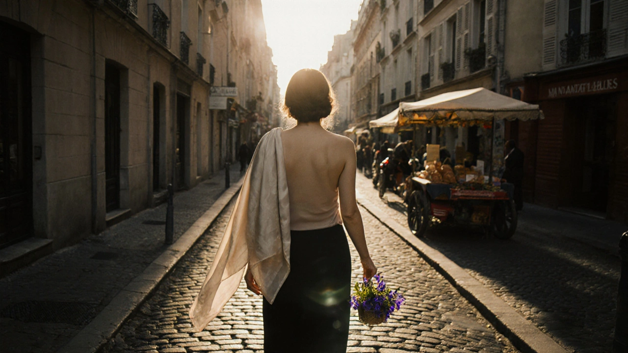 A woman walks through a misty Montmartre alley at dawn, a single violet in her hand, her scarf slipping slightly from her shoulder.