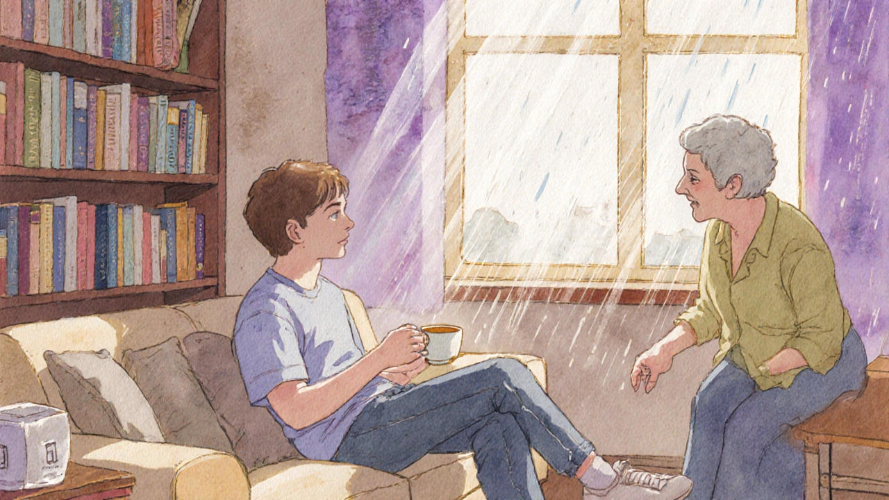 A young person finding comfort at Le Refuge, supported by a volunteer in a warm, book-filled space.