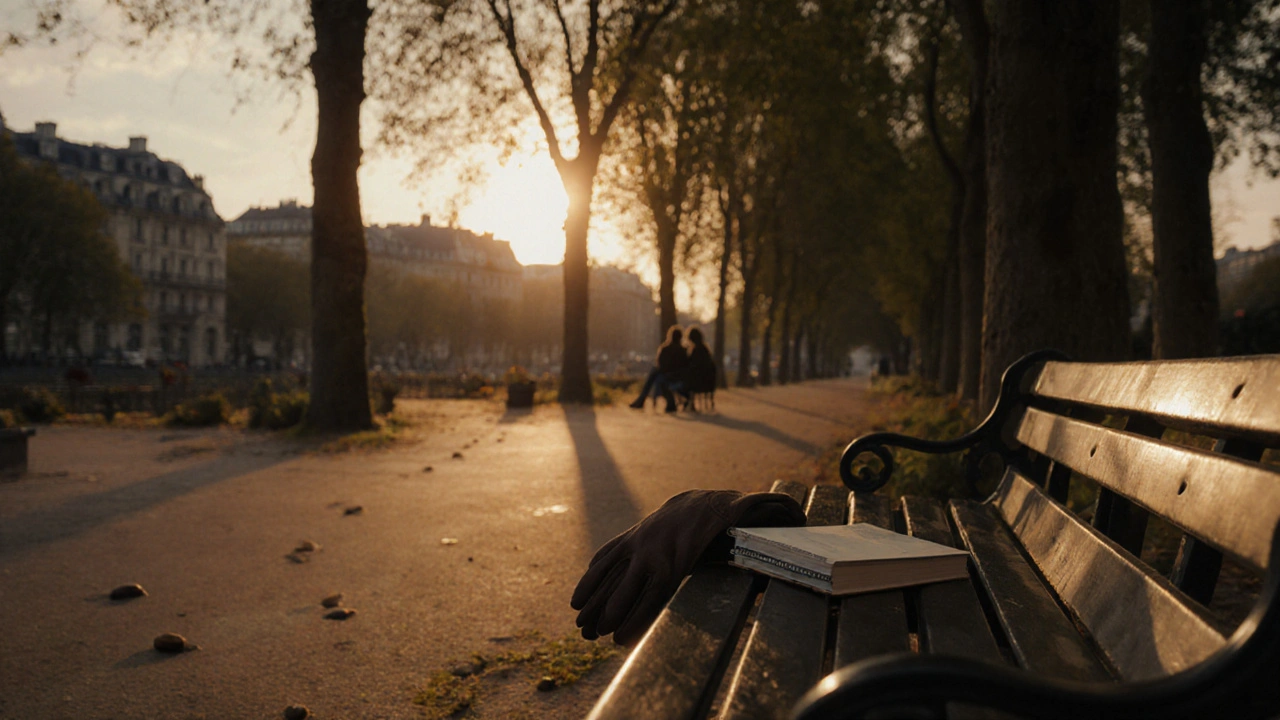 An empty bench in Luxembourg Garden at twilight with gloves and a notebook left behind.