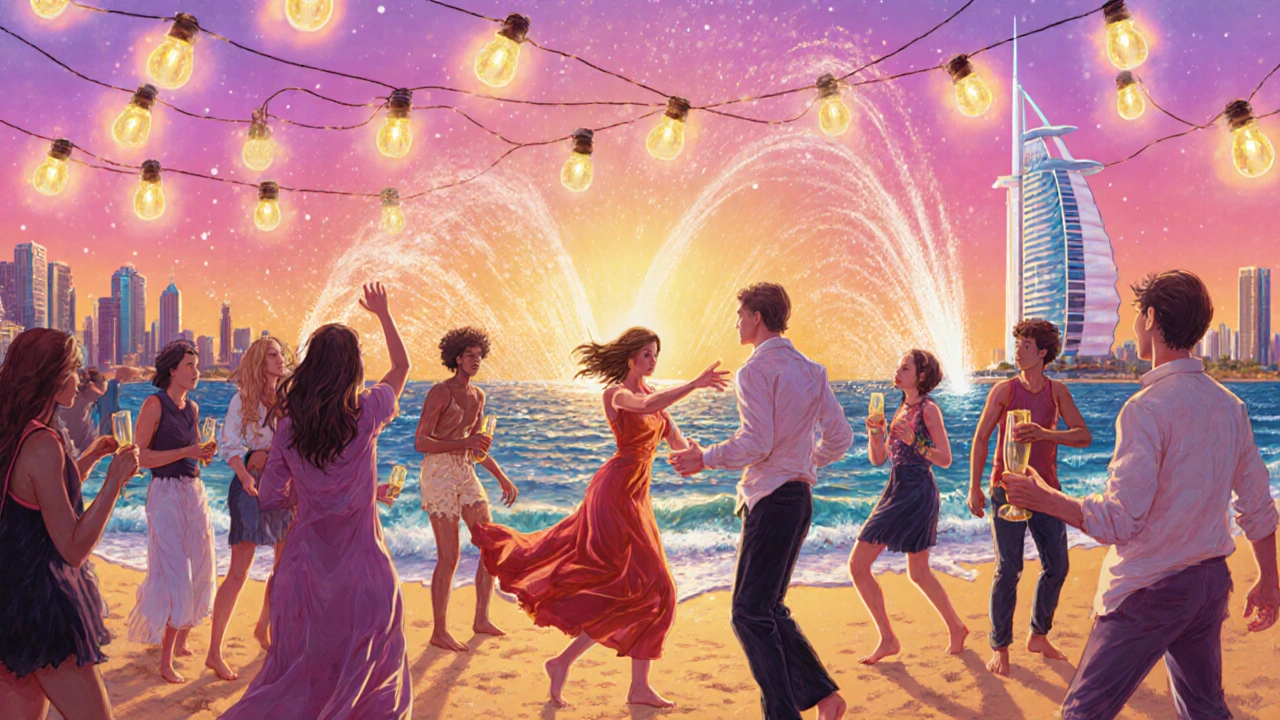 Beachfront party at sunrise with dancers on sand, ocean waves and Dubai Fountain in distance.