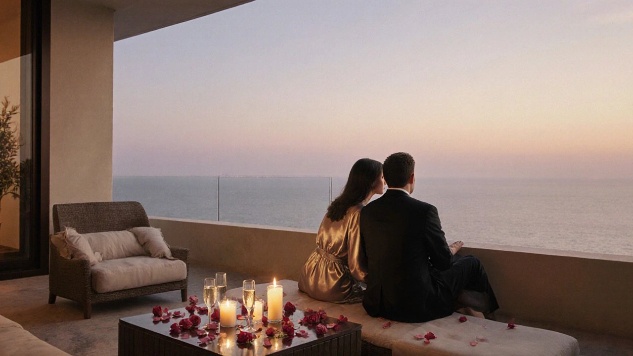 Candlelit penthouse terrace at dawn with couple overlooking the Gulf