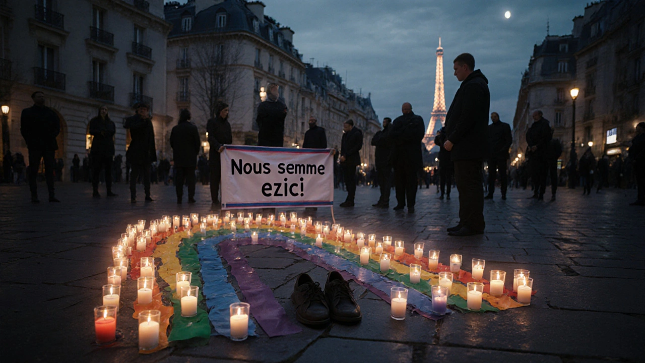 Candles forming a rainbow at Place du Châtelet during a silent Trans Day of Visibility vigil.
