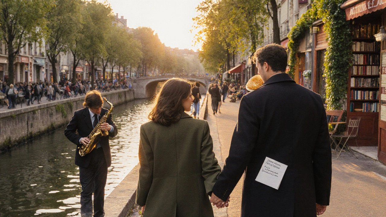 Couple sharing a crêpe by Canal Saint-Martin at sunset, hinting at genuine connection.