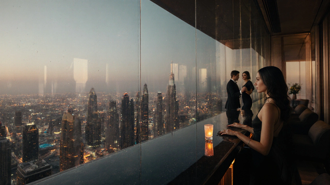 Couples dancing above Abu Dhabi’s skyline in a dimly lit luxury lounge with city lights below.