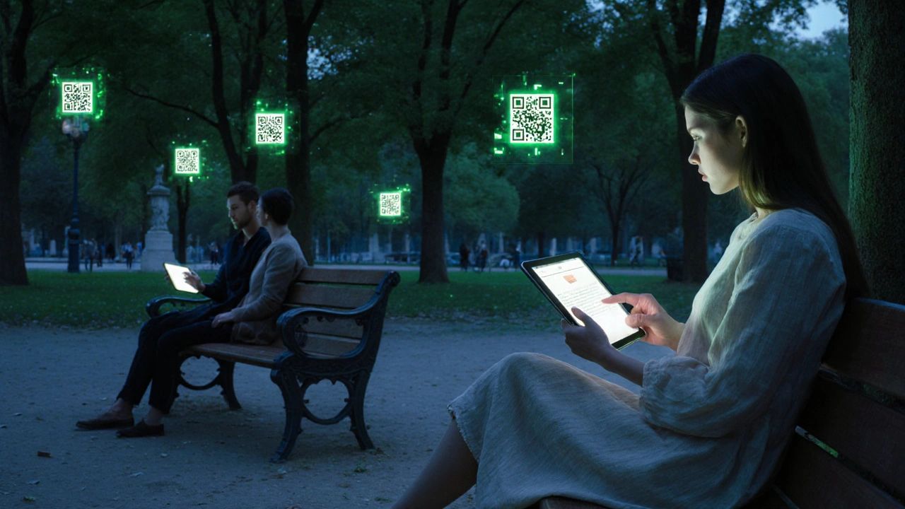 Couples in Jardin du Luxembourg using digital intimacy tools under trees with glowing QR codes on benches.