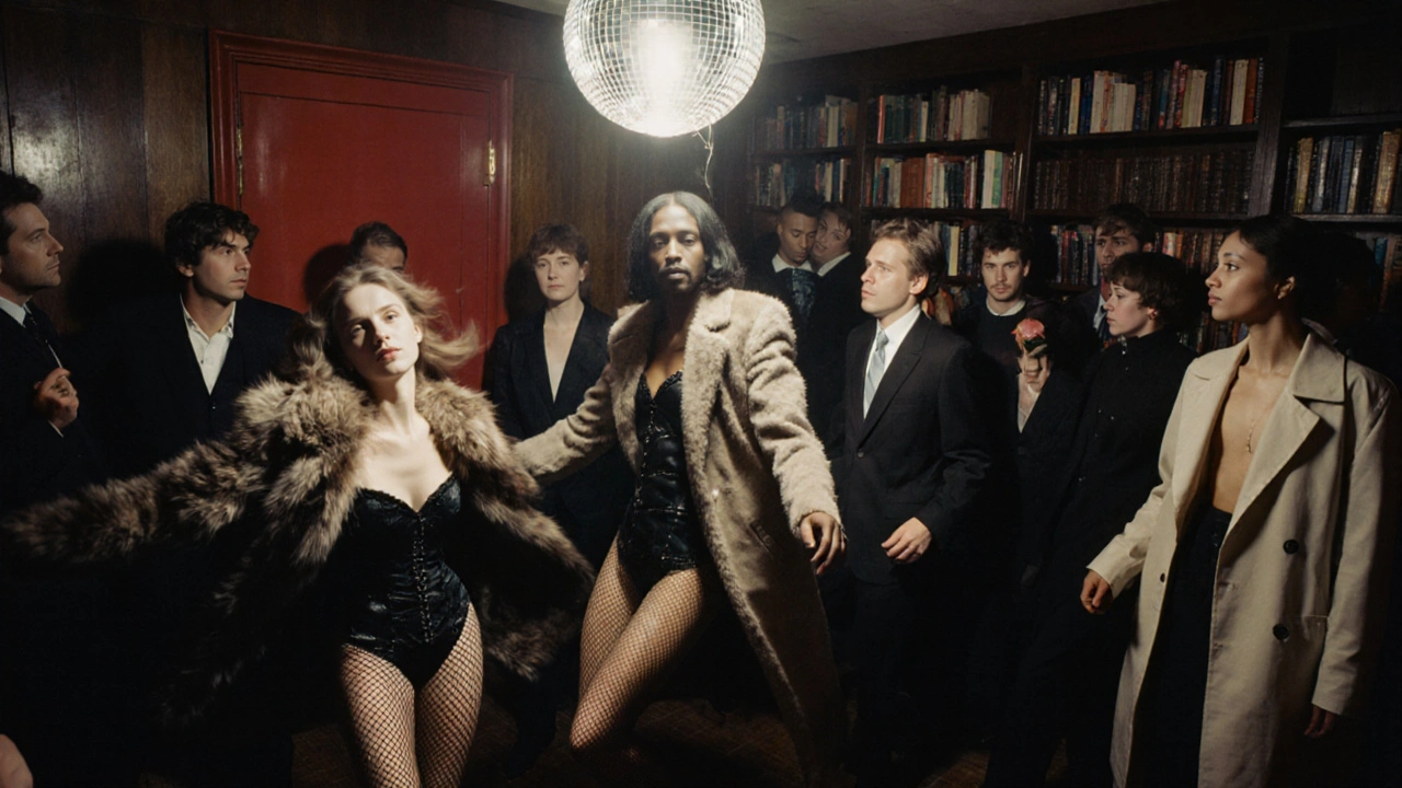 Crowd in a hidden disco room wearing avant-garde fashion under a spinning disco ball, red door barely visible.