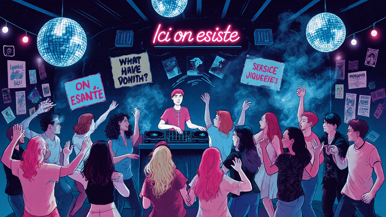 Dancers under glittering lights in a vibrant Paris underground club, diverse queer community celebrating together.