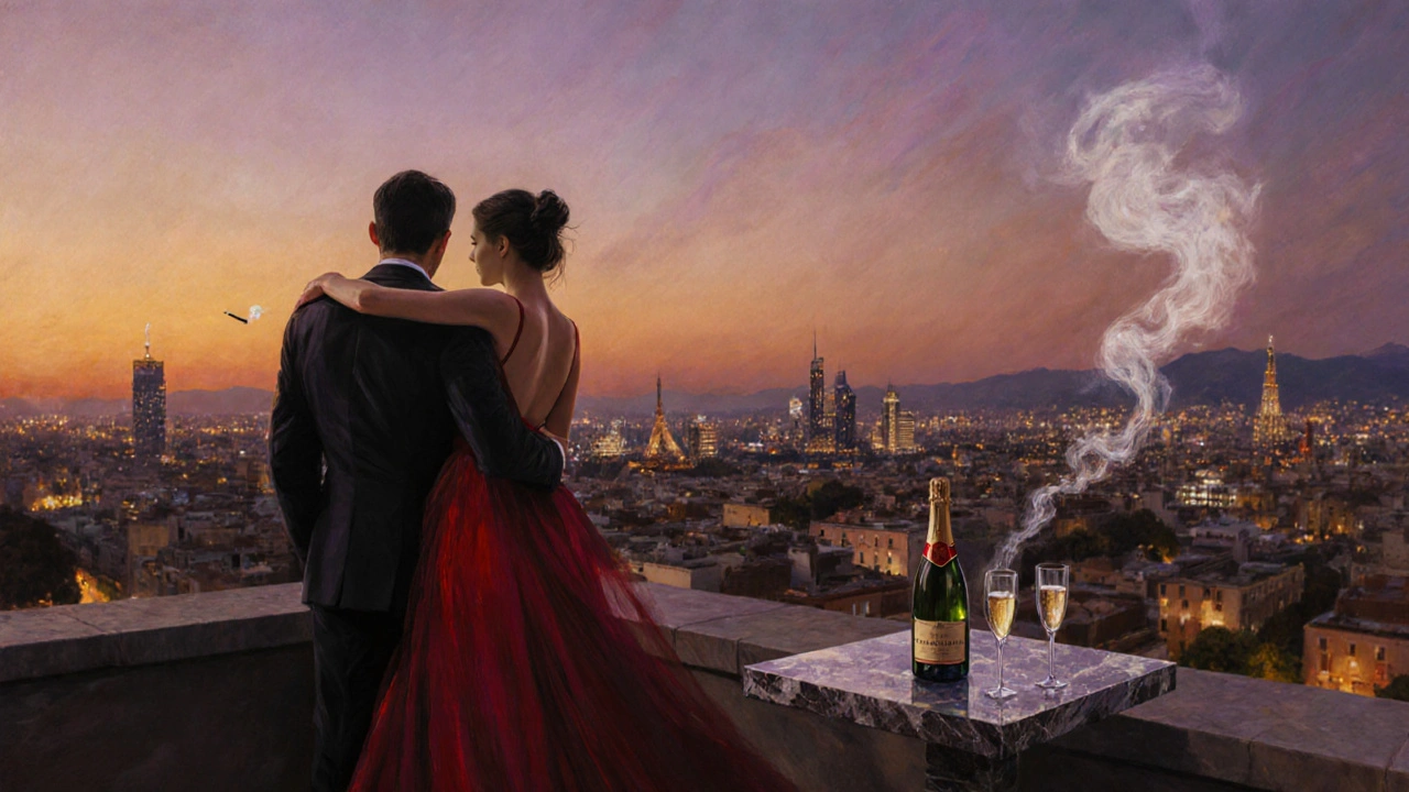 Elegant woman on a Barcelona rooftop at sunset, gently touching a man&#039;s shoulder.