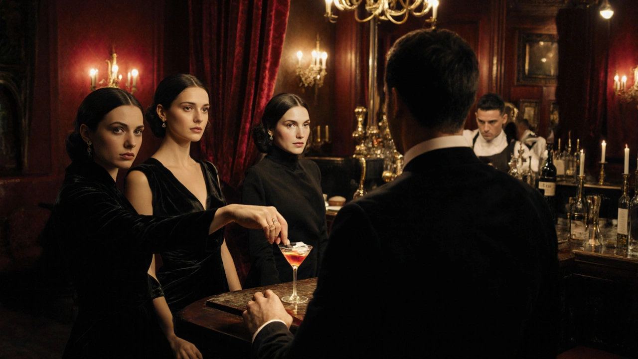 Elegant women watch a man in a luxury Milan lounge as a card is slipped under his glass.