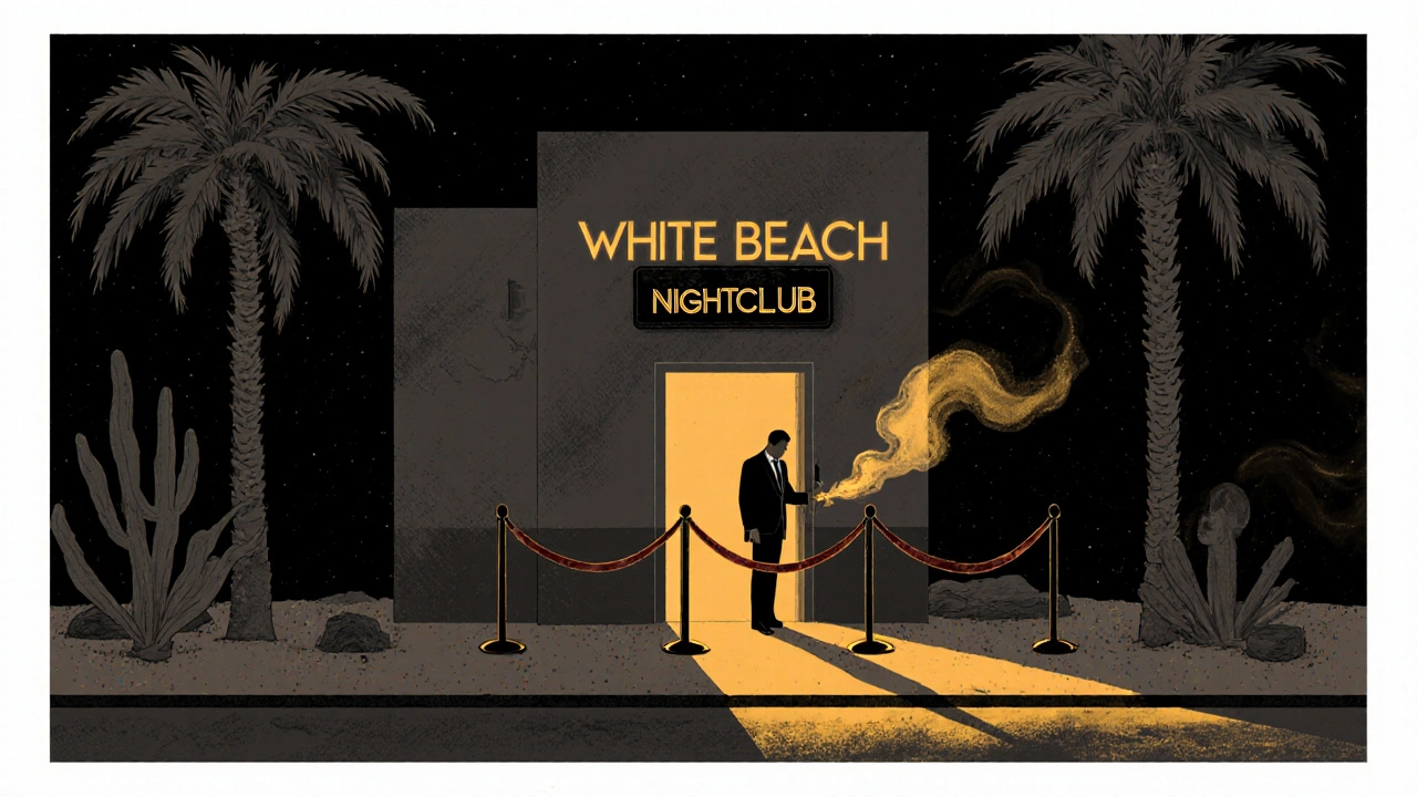 Exclusive White Beach nightclub entrance with velvet rope, bouncer, and warm light spilling into the dark night.