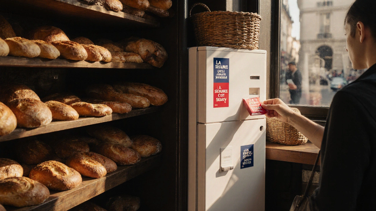 Free condoms available in a Parisian bakery next to fresh bread and pastries.