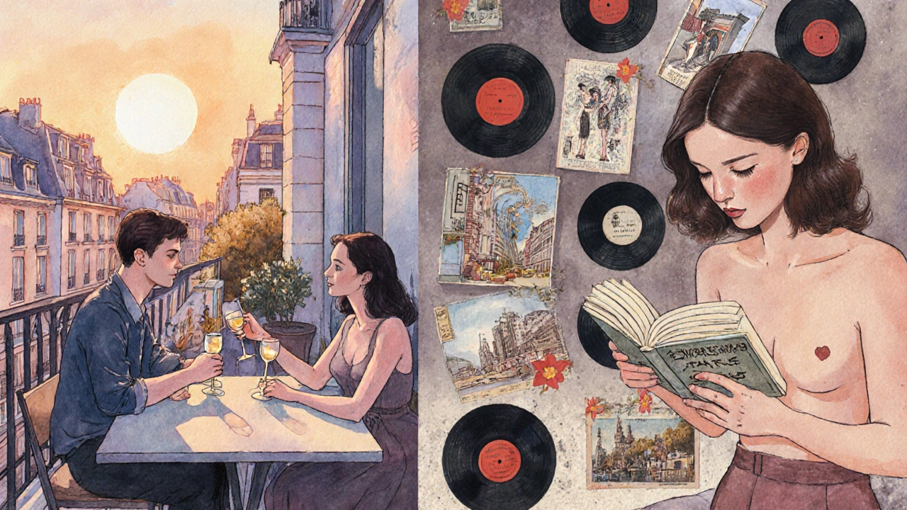 Intimate Parisian moments: a balcony kiss, a naked reader on a terrace, vintage erotic postcards.