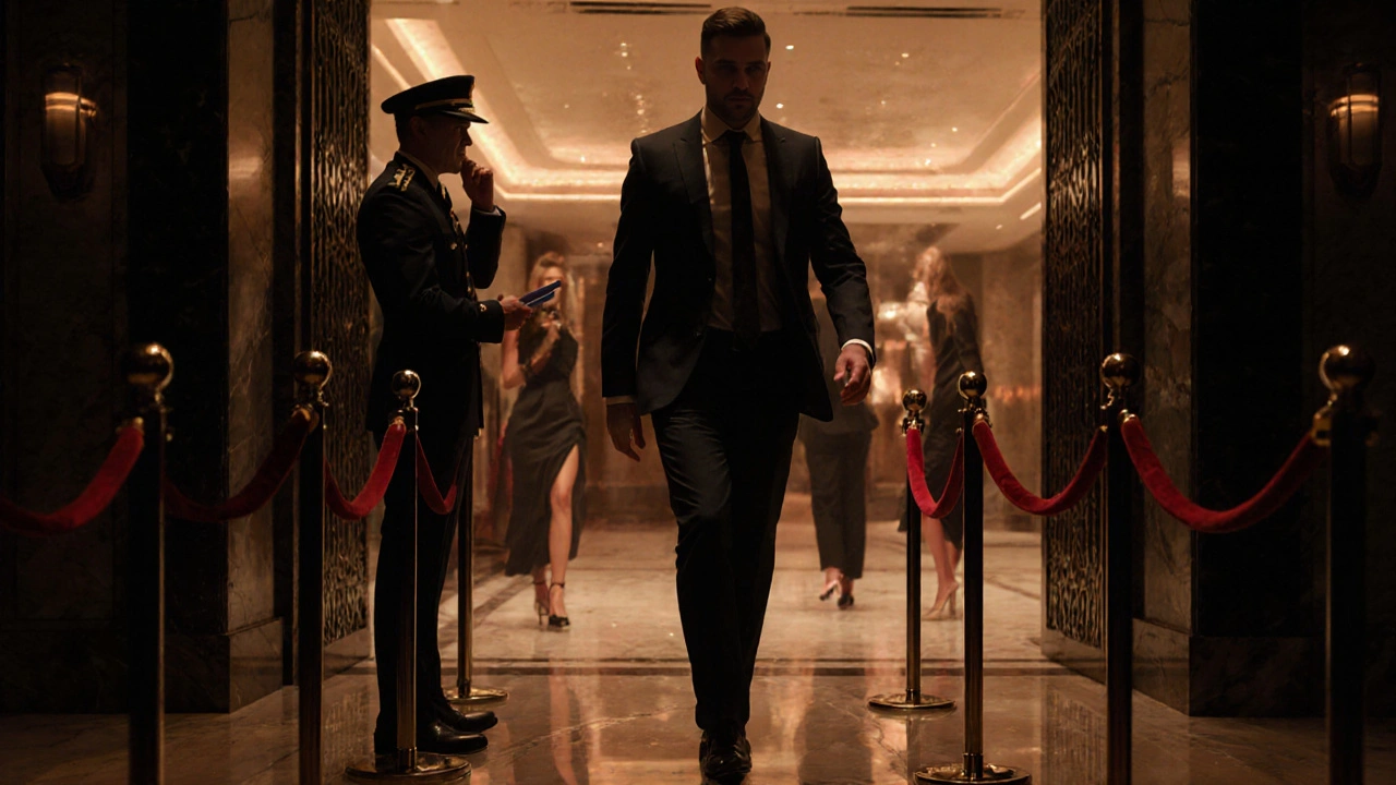 Man entering a luxury Dubai club past a bouncer, passport in hand
