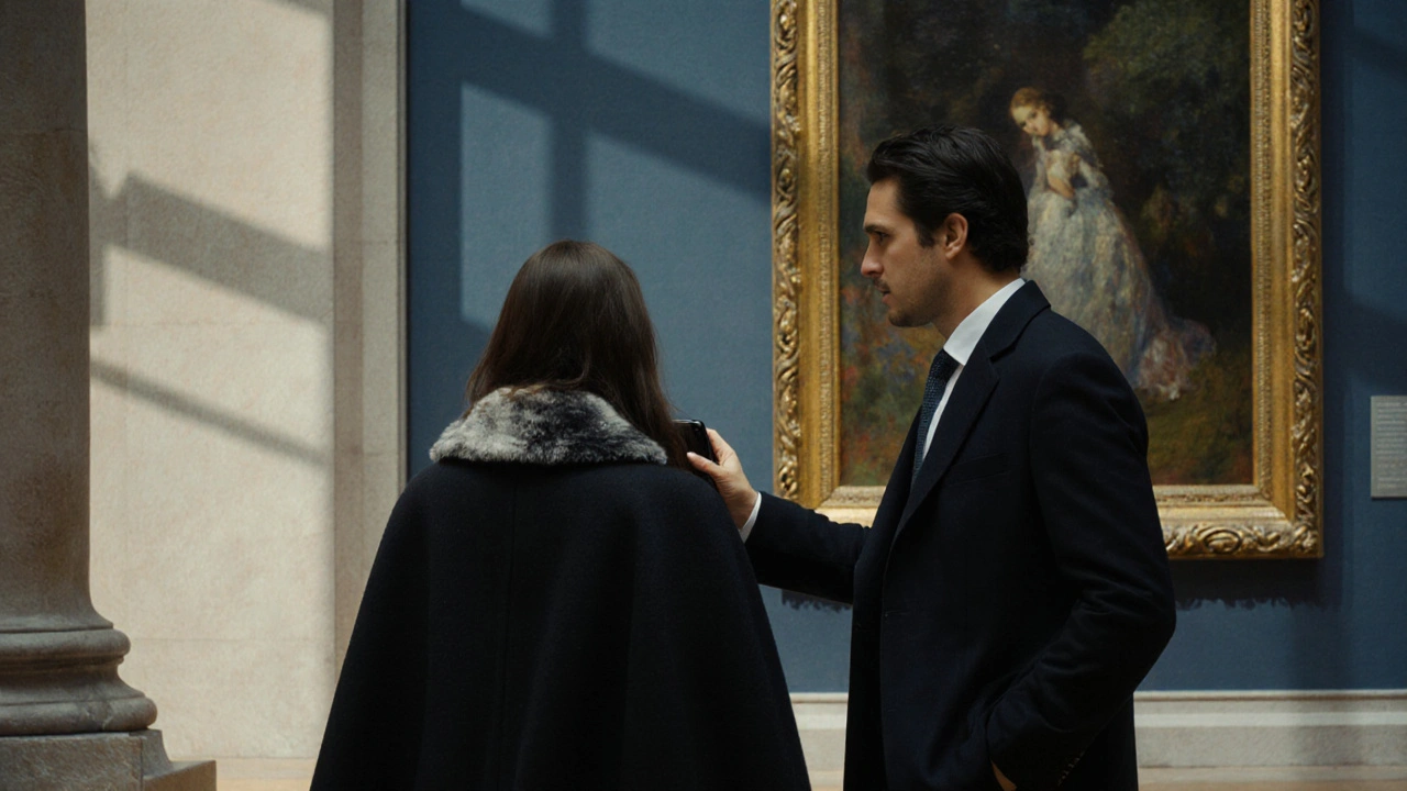 Man offers coat to woman at Musée d’Orsay, showing quiet attentiveness during an art visit.