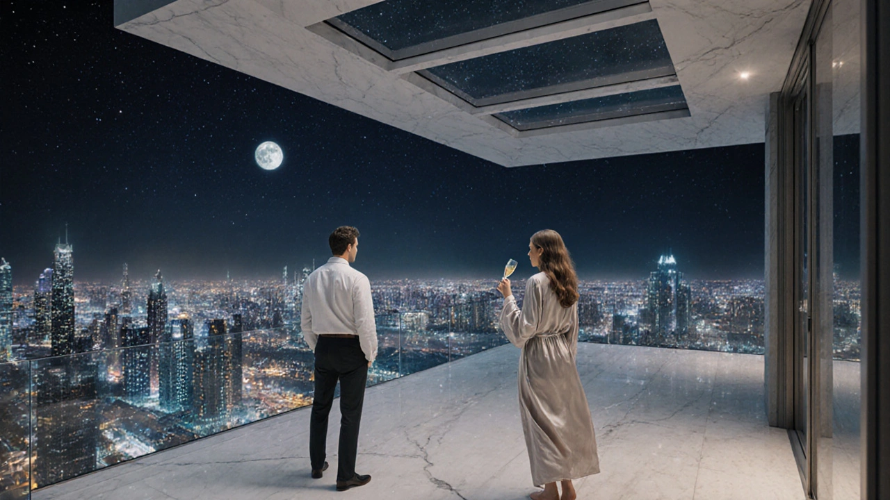 Man on Reina&#039;s rooftop terrace overlooking Dubai’s skyline at night, woman in silk robe approaching beside him.