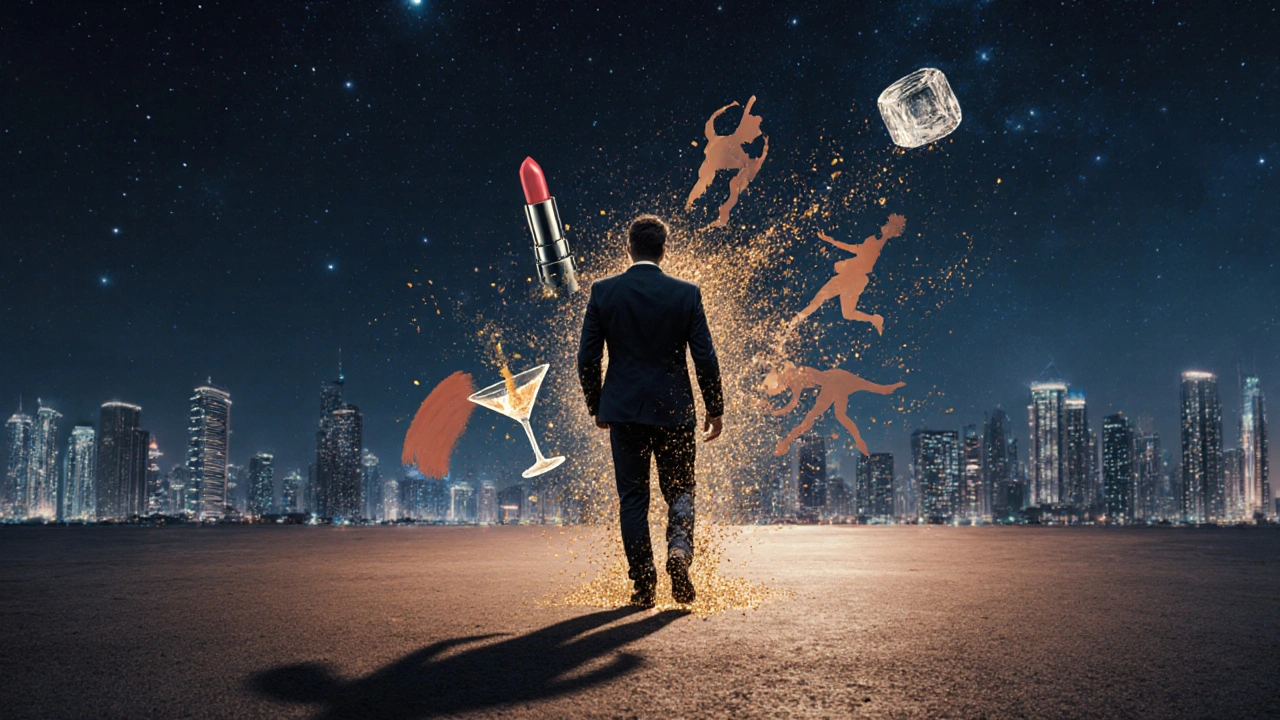 Man walking away at dawn as his shadow transforms into memories of the night — lipstick, glass, dancer, ice cube.