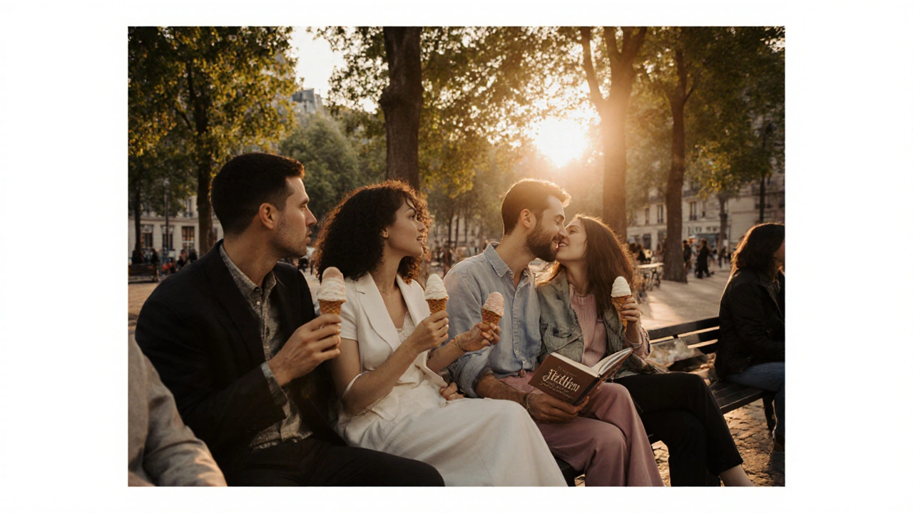 Multiple couples of all identities relaxing on a bench in Place des Vosges at sunset, sharing ice cream under trees.