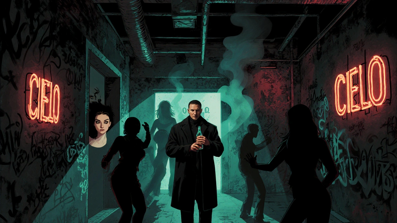 Noir-style hidden club interior with shadowy figures and neon glow, a man holding a bottle in a narrow warehouse space.