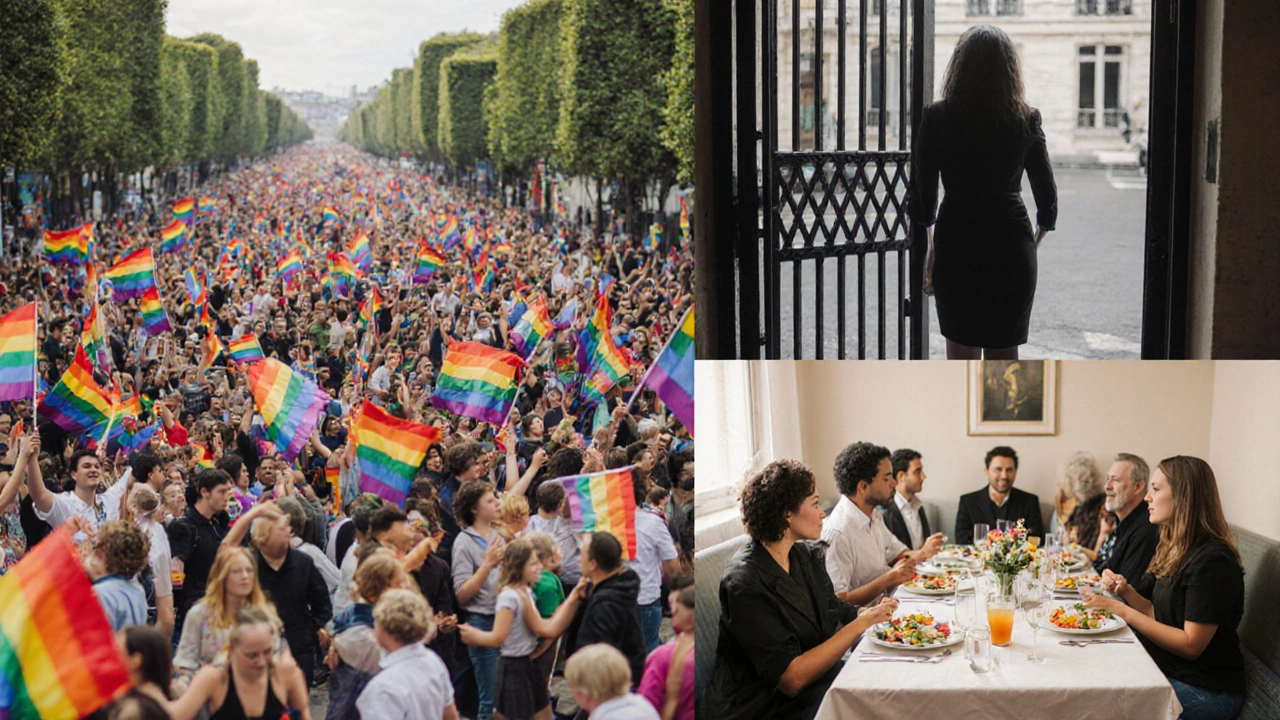 Paris Pride parade with diverse crowds, behind them quiet moments of struggle.