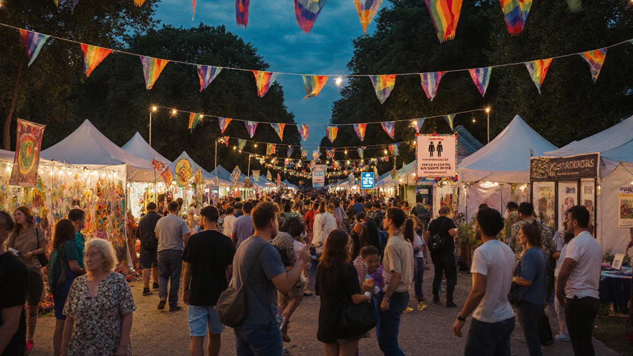 People gather at a Pride festival in a Paris garden, enjoying art and community under rainbow banners.