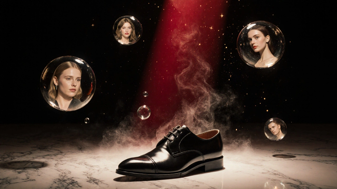 Polished dress shoes on marble floor surrounded by floating champagne bubbles reflecting fragmented faces.