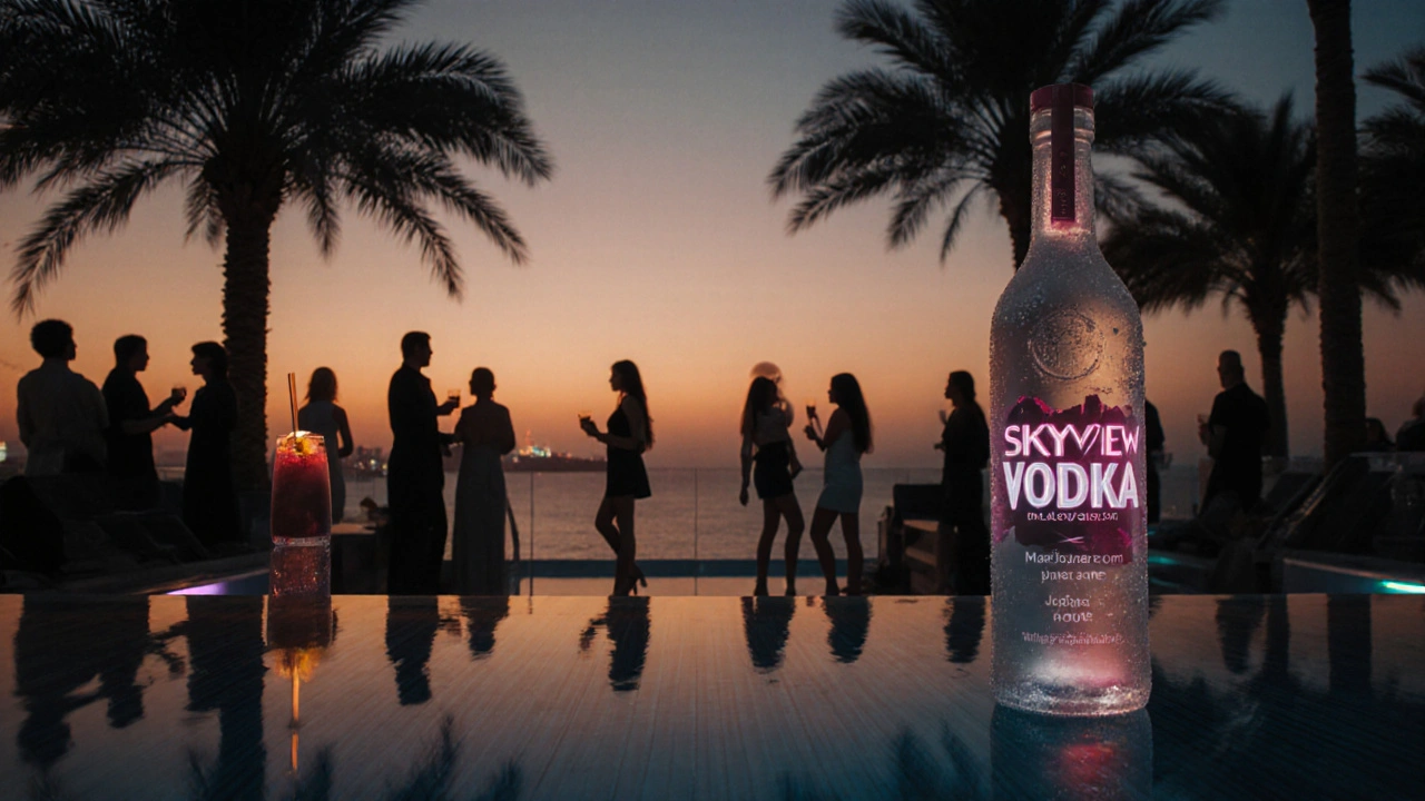 Poolside bar on Palm Jumeirah at dusk, people mingling under neon lights and infinity edges.