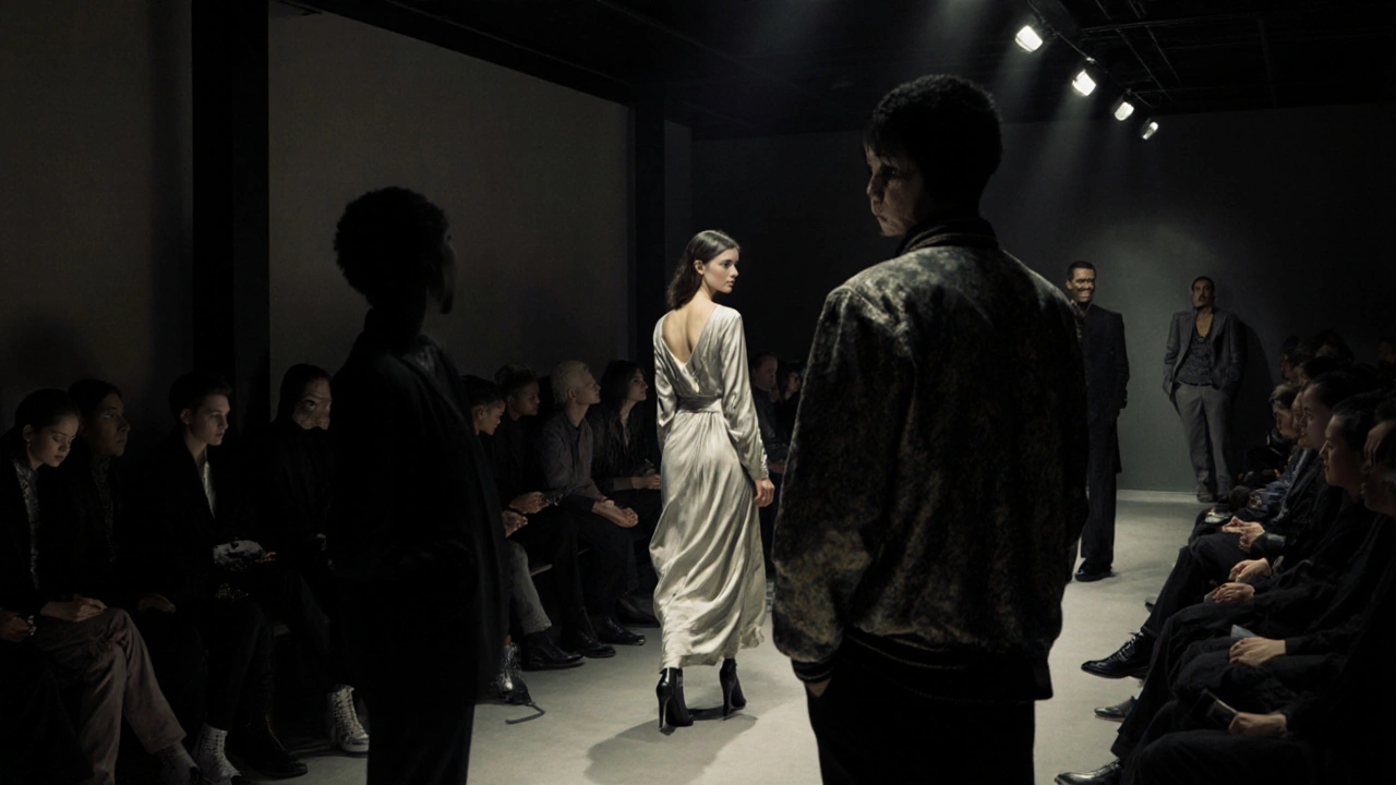 Quiet group of fashion insiders in Shoreditch House, one woman&#039;s silk dress catching the light as she turns.