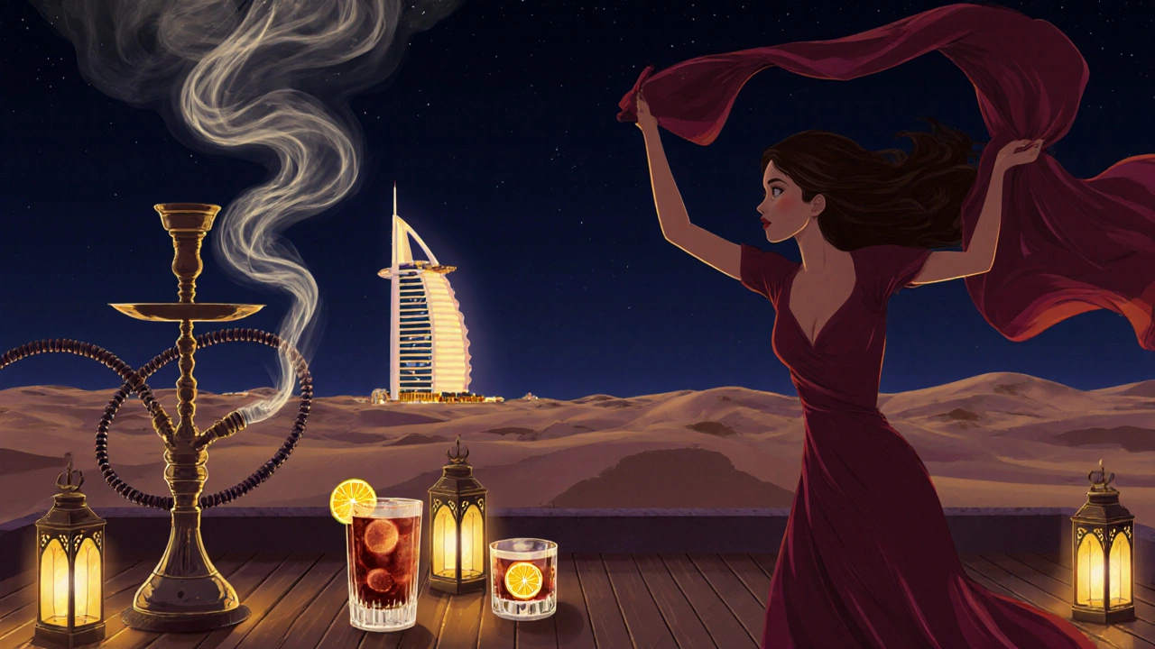 Rooftop shisha lounge with smoke swirls and glowing drinks under lantern light at night.