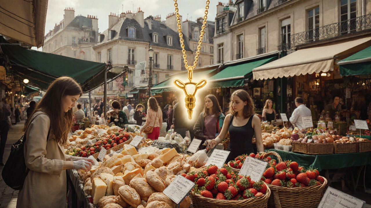 Sex toys displayed openly among fresh produce at a bustling Paris market.
