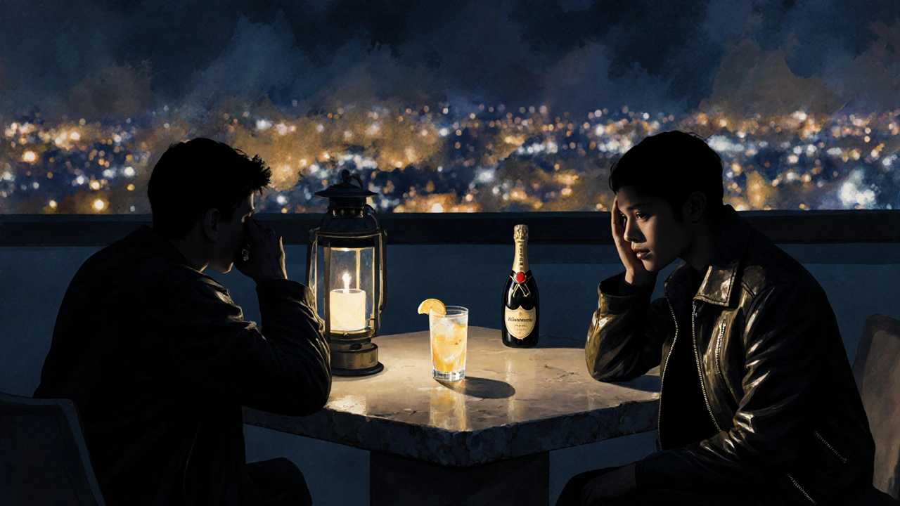 Silhouetted figures on a quiet rooftop with a cocktail and champagne bottle under soft lantern light.