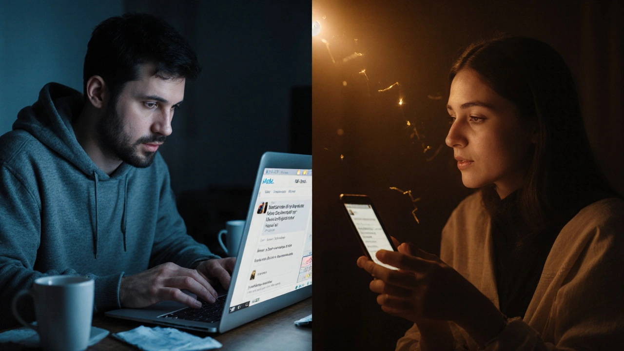 Split scene: a man in London and a woman in Lviv connected by a glowing thread, one typing nervously, the other about to reply.