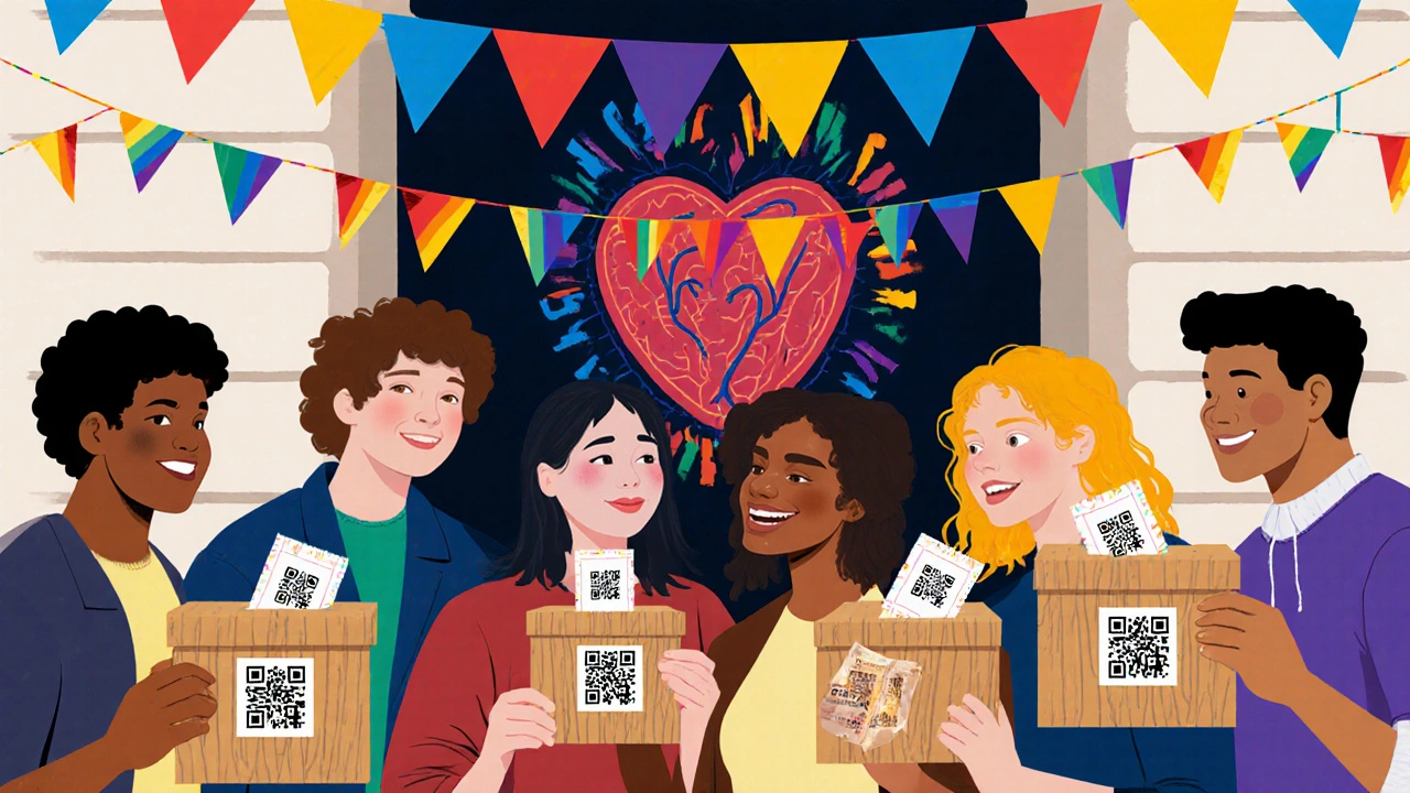 Students distribute condoms with QR codes at a Paris Pride event, multicultural faces smiling under rainbow flags.