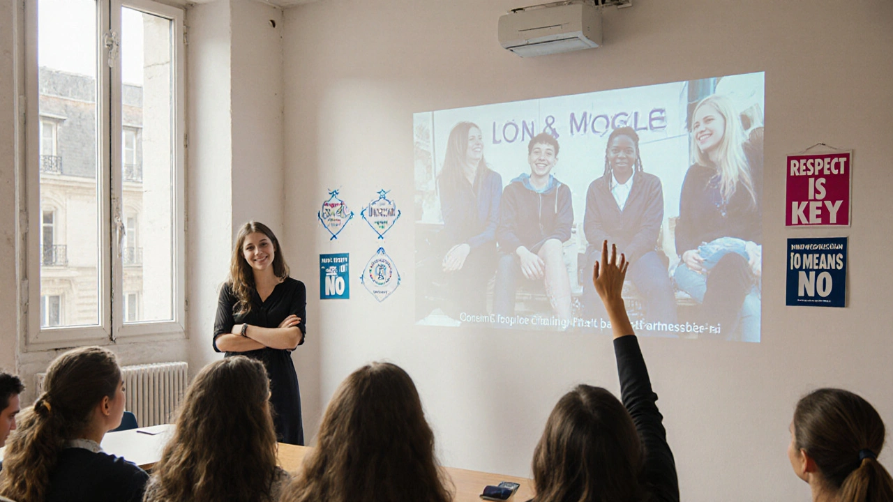 Students in a Paris classroom watching a video about consent and digital safety during sex education.
