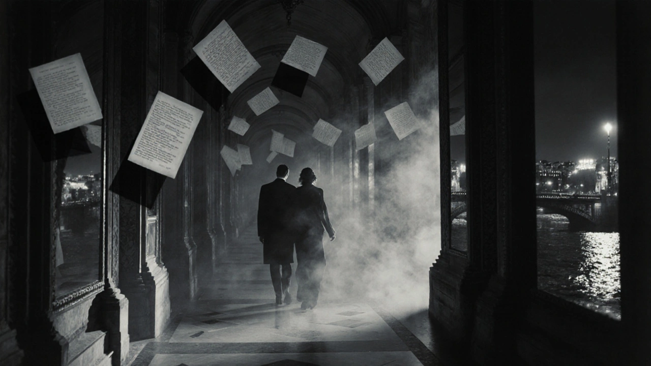 Surreal figures of Breton and Nadja wandering through misty Palais-Royal corridors with floating book pages.