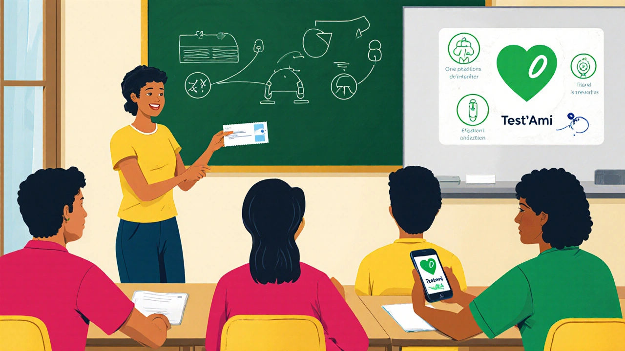 Teens in a Paris classroom role-playing STI prevention with a metro ticket and phone.