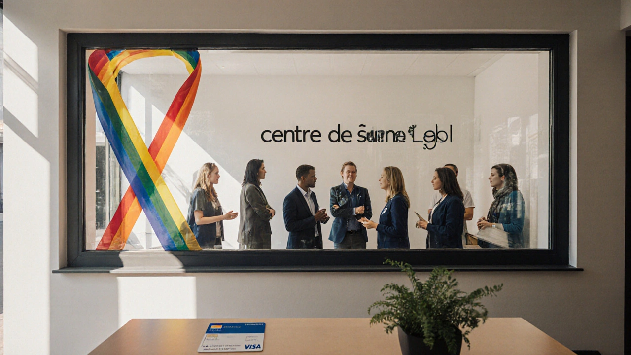 The Centre de Santé LGBT clinic, glowing with natural light and quiet human connection inside.