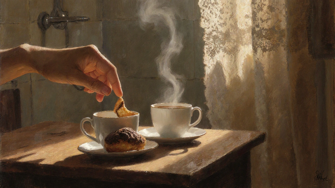 Two hands brush gently in a sunlit Parisian kitchen, coffee steaming beside a half-eaten pastry.