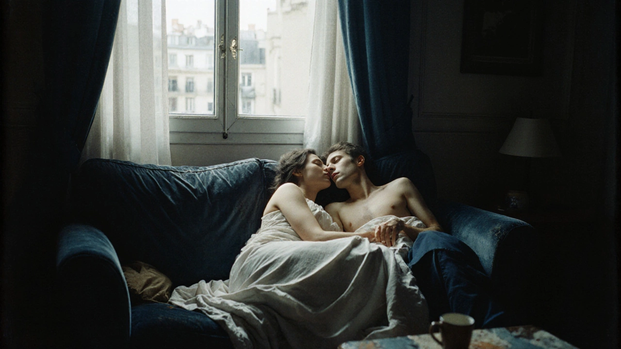 Two lovers lie together in a quiet Paris apartment, morning light filtering through curtains.