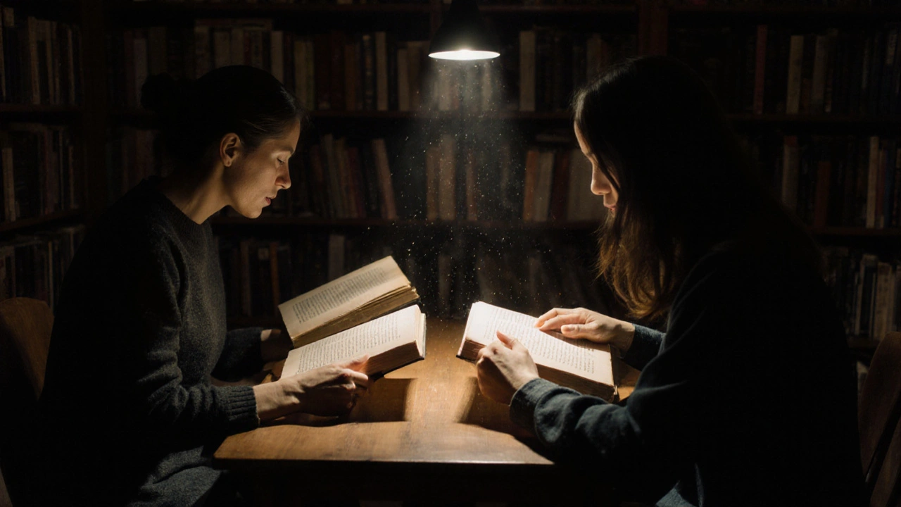 Two people read Rilke together in a quiet bookshop back room, their hands brushing over the same page under soft lamplight.