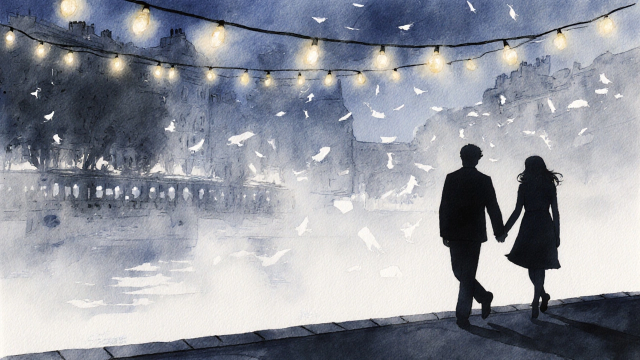 Two silhouettes walk side by side along a misty canal at twilight, connected by unseen threads of memory.