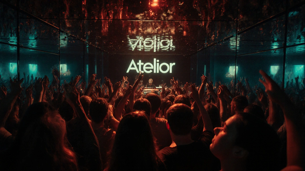 Underground club with mirrored walls and pulsing lights, crowd lost in the music.