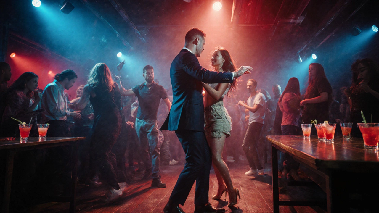 Underground nightclub crowd dancing under neon lights, suit and cargo shorts pair in motion.